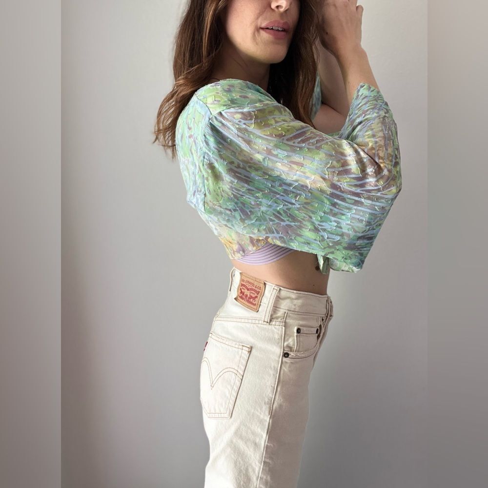 Vintage 90s Alex Evenings Petites Open Front Draped Multicolor Marbled Cardigan - Picture 6 of 11